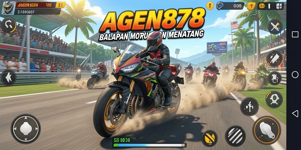 Gameplay seru AGEN878 dengan balapan motor di trek yang menantang.