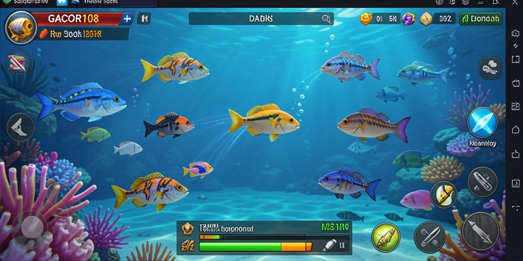 Tampilan gameplay GACOR108 dengan aksi tembak ikan yang seru.
