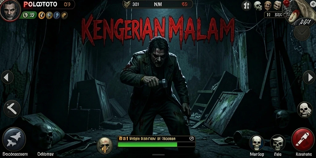 Tangkapan layar utama POLOTOTO menunjukkan suasana menyeramkan di dalam game.